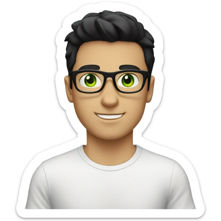 A white boy with black glasses with black hair wearing a white T-shirt with green eyes sticker