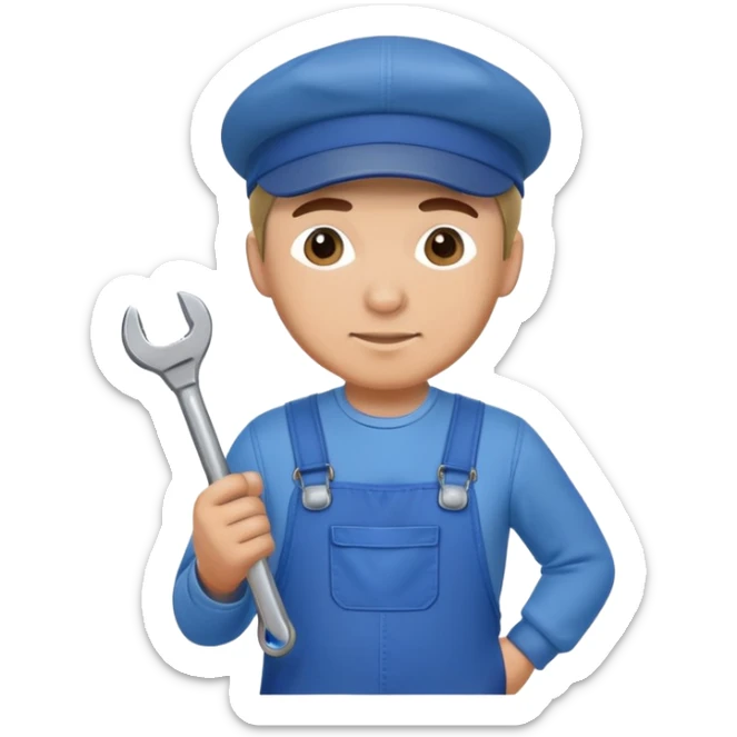 Russian male factory worker wearing overalls and a flat cap holding a wrench sticker