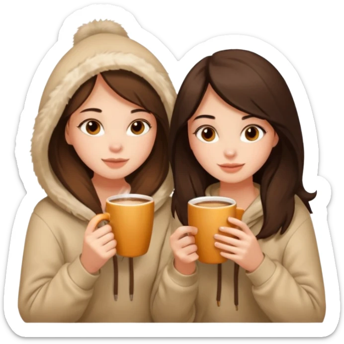 2 brunette girls sitting cozily in a beige fur hoodie sipping coffee sticker