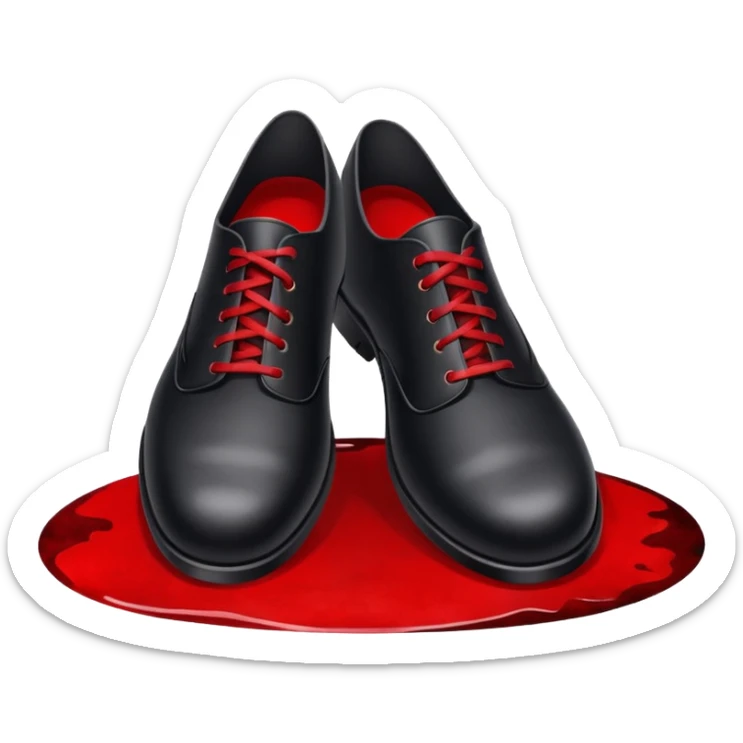 Minimalist emoji-style sticker of two black shoes standing on a red carpet that fades into a bloodstain. Flat, frontal design, simple icon composition. sticker