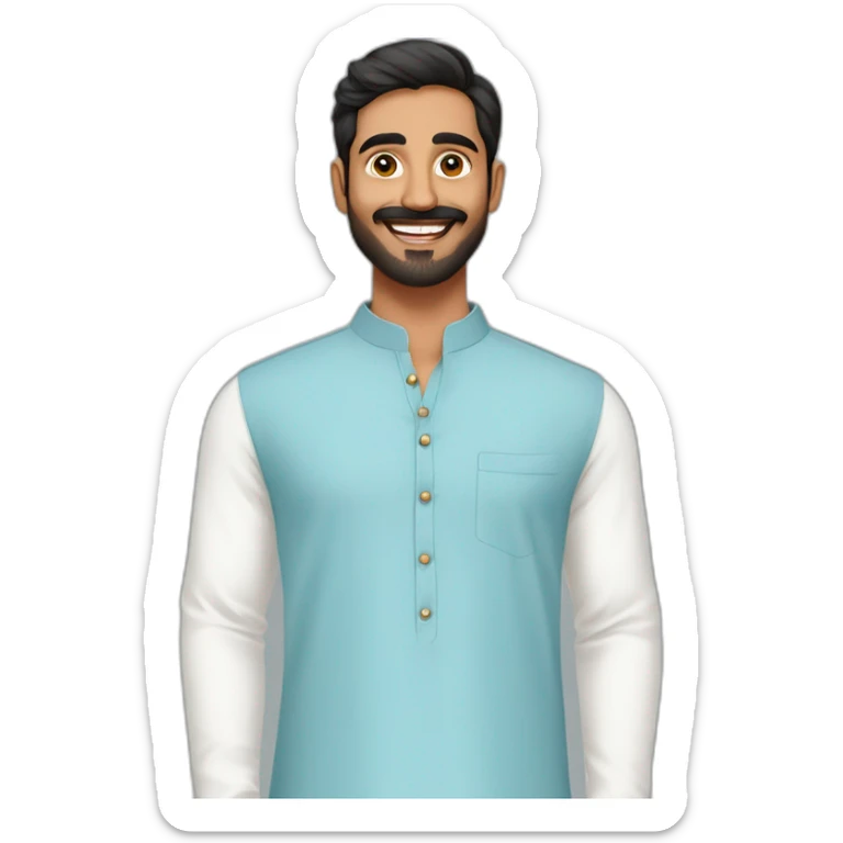South  Indian guy wearing light blue keen length kurtha with white skinny pant  with smile and light beard  sticker