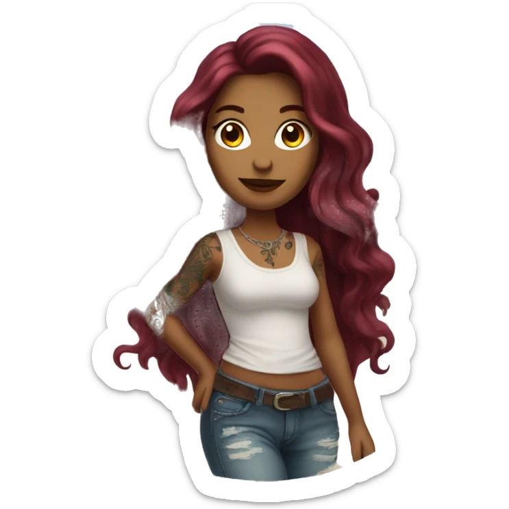 Beautiful tattooed  burgundy long haired woman walking on the beach sticker