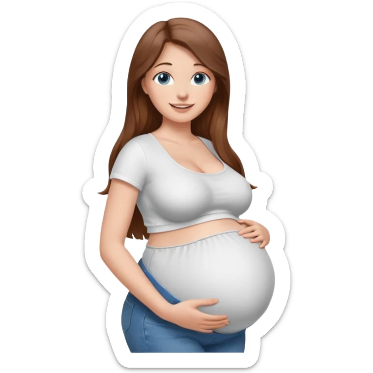 White girl, 18, long brown hair, blue eyes, white crop top, jeans, huge pregnant belly, big boobs, side view, skinny, bare midriff, smiling sticker