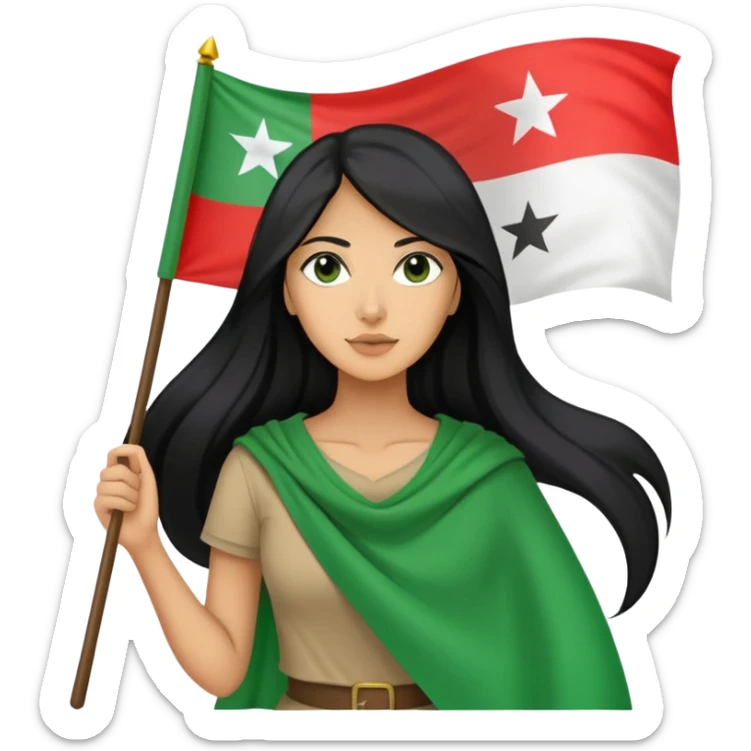Women holding the Syrian green flag with three stars long hair and the flag with stick sticker