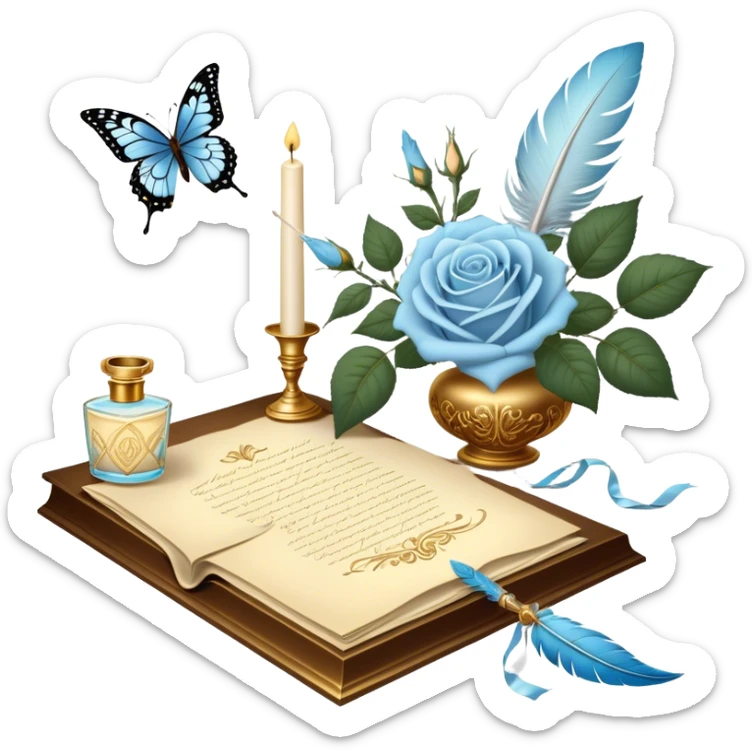 A dreamy, romantic scene of a candle-lit desk with an open love letter, a feather quill dipped in golden ink, an ornate perfume bottle, and a bouquet of pale blue roses resting beside a pearl-adorned butterfly.
 sticker