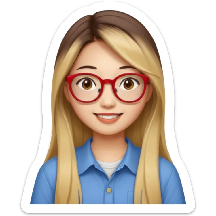 20 yr old asian woman, straight thick long brown hair, blond at ends of hair, middle part, big red glasses, brown eyes, casual shirt sticker