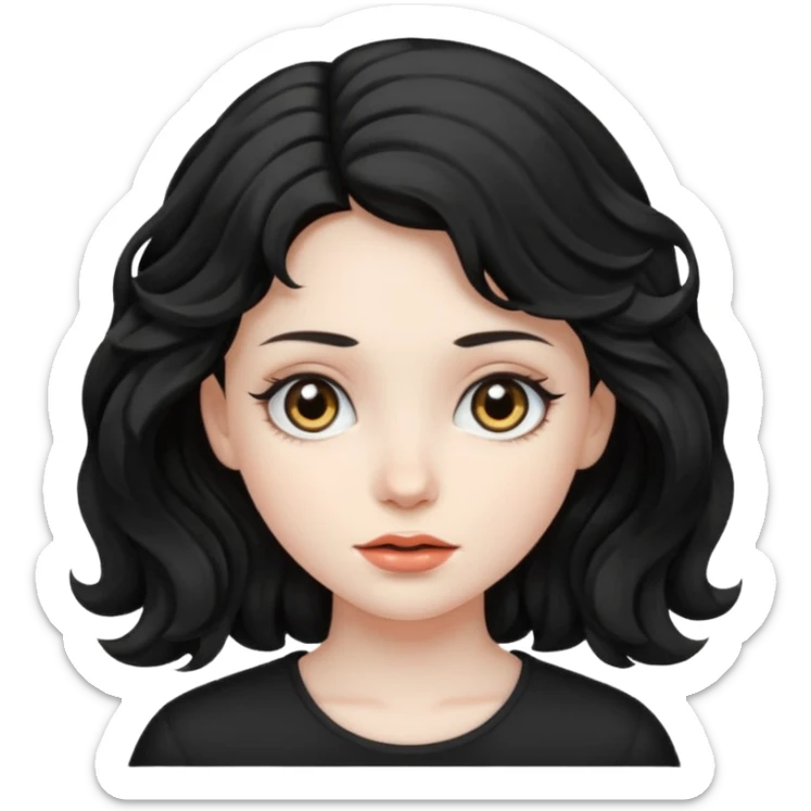 Crea una ragazza con stile black metal, capelli neri mossi dalle spalle e occhi bianchi sticker