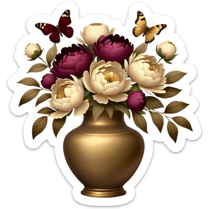 A weathered brass vase holds lush beige peonies, surrounded by scattered burgundy petals. Brown butterflies hover above, bathed in warm, antique light. sticker