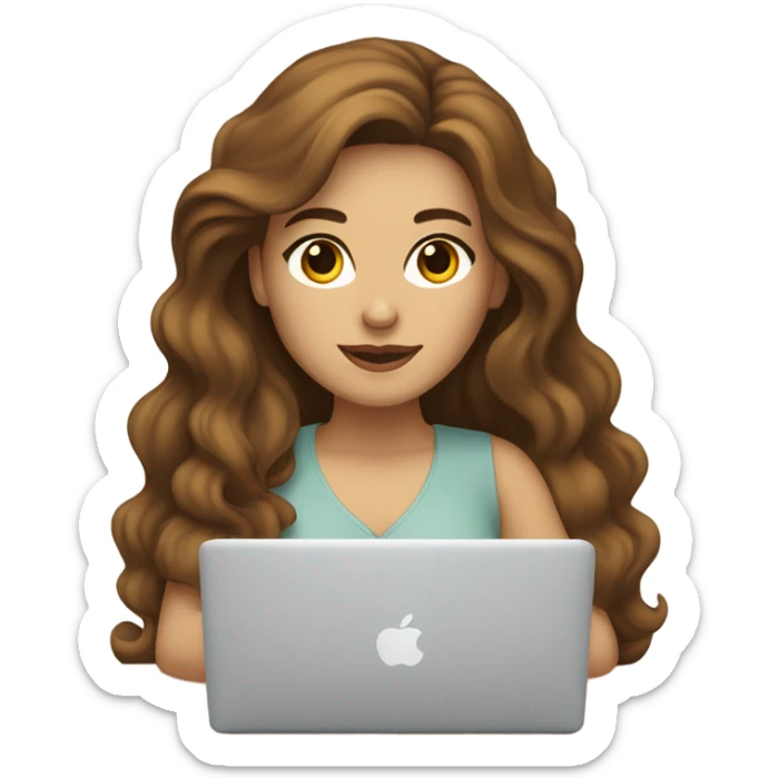 a woman with brown long wavy hair and brown eyes and white skin with macbook sticker