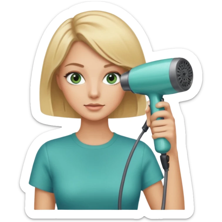 Blonde bob girl hair stylist with blue green eyes holding a hair dryer sticker