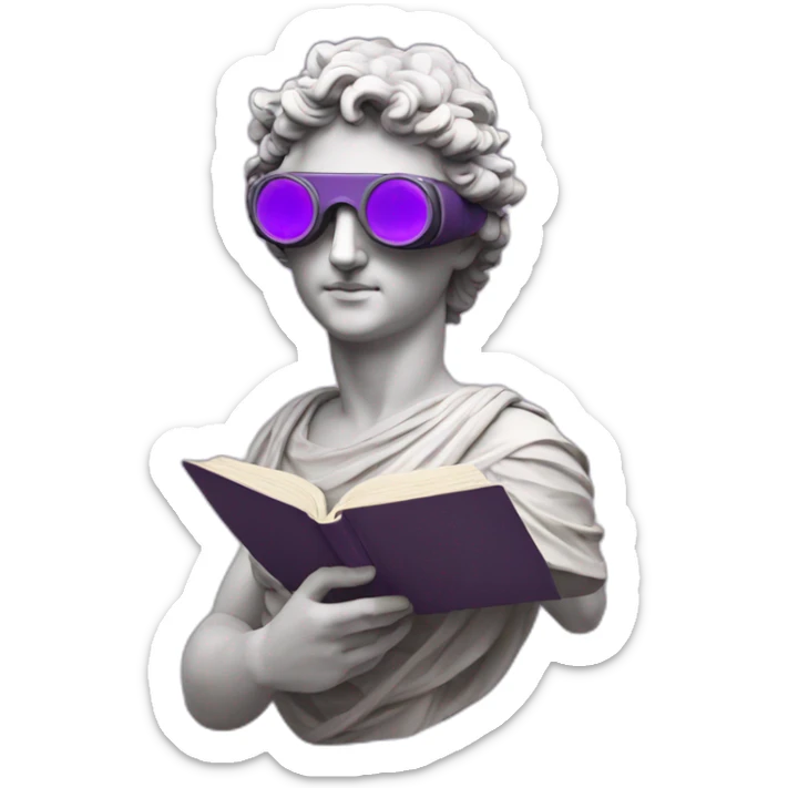 an EMOJI OF A ancient young greek statue reading a book, wearing VR glasses, purple colors, DIGITAL UNIVERSE sticker