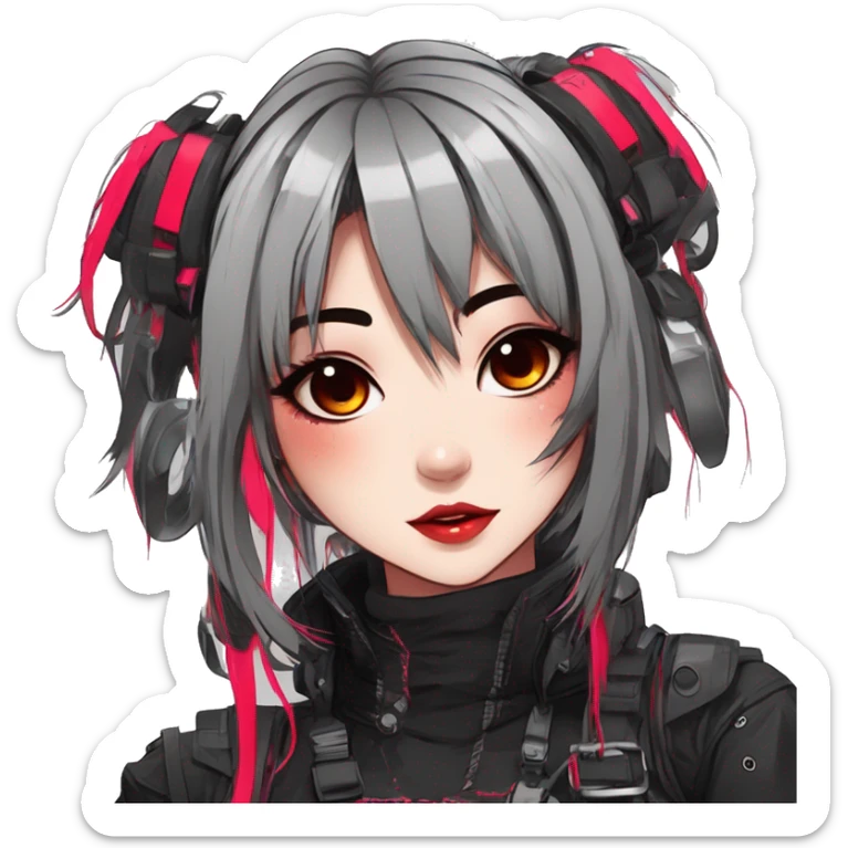 Gorgeous futuristic neon techwear anime style lady with blushing face aesthetic and pretty edgy black red punk messy wild cute hair with collar and harness trending style sticker