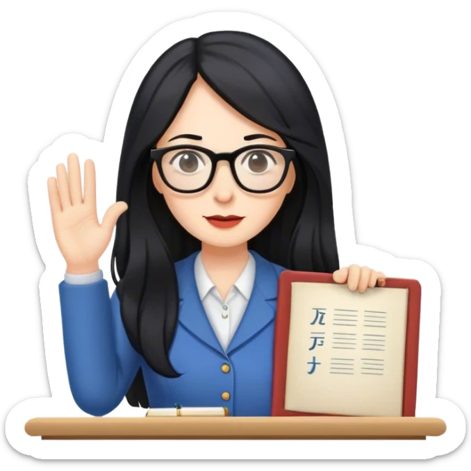 pale female teacher with long black hair, wearing glasses teaching Spain sticker