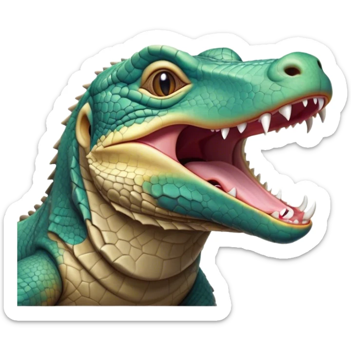 Cinematic Cute Yawning Komodo Dragon Lizard Portrait Emoji, Head slightly angled in a dramatic, wide-open yawn, showcasing rugged, textured scales and sleepy, half-closed eyes, Simplified yet irresistibly adorable features, highly detailed, glowing with a soft, cozy glow, high shine, relaxed yet expressive, stylized with a hint of whimsical wildness, soft glowing outline, capturing the essence of a drowsy yet endearing reptile that appears ready to stretch out for a nap! sticker