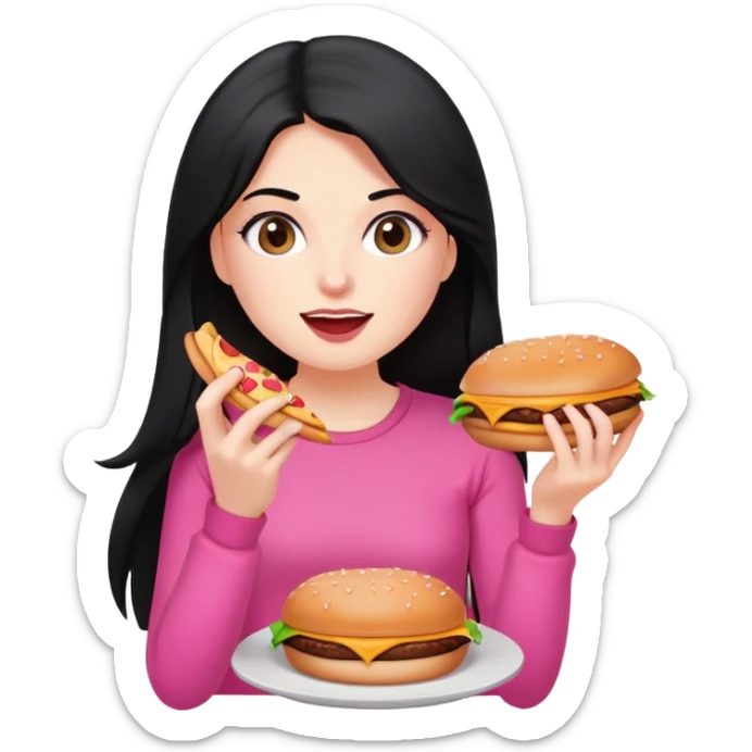 White girl in pink clothes and long black hair eating burger and pizza sticker