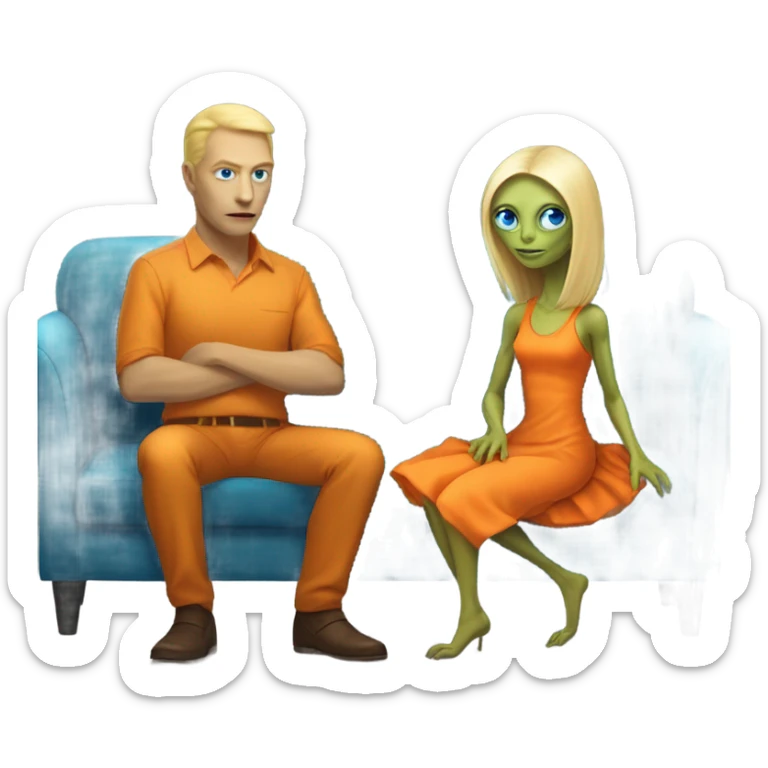 blonde alien reptilian woman in orange dress and humman man in blue, sitting on a couch  sticker