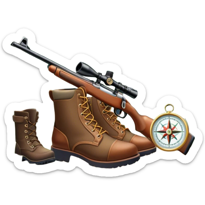 Icon for Hunting Tourism: a double-barrelled hunting rifle, hunting boots and a compass on a forest background, with a silhouette of wildlife in the distance. The icon should capture the adventure and connection with nature in hunting tourism. Transparent background. sticker