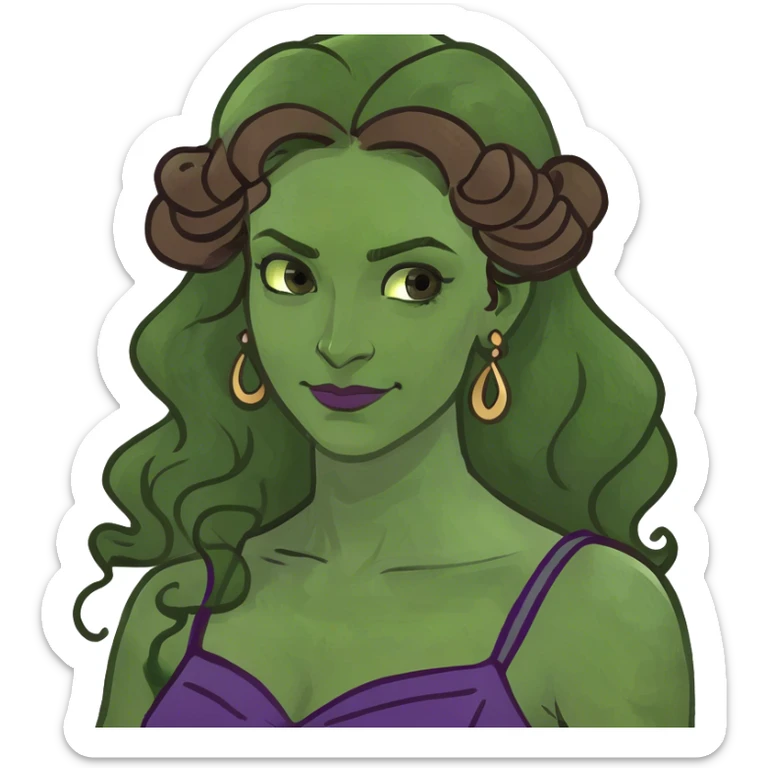 Woman with long brown wavy hair tied up, a curl on her forehead, wearing a purple Grecian dress, with a confident smirk. sticker