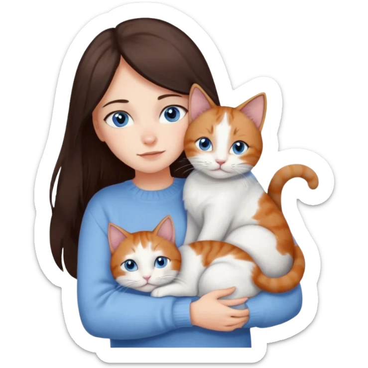 a girl with long dark 
brown hair, with blue eyes, in a
white sweater, hugs 3 different natural coloured cats sticker