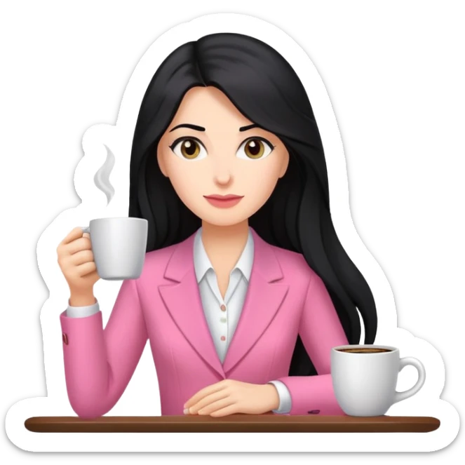 business dressing pink clothes woman  caucasian with a long black hair drinking coffee sticker