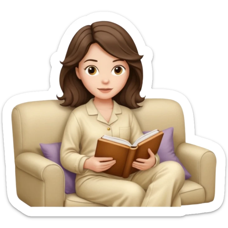Woman with brunette hair reading on sofa. Soft wavy hair. Beige ivory pyjamas  sticker