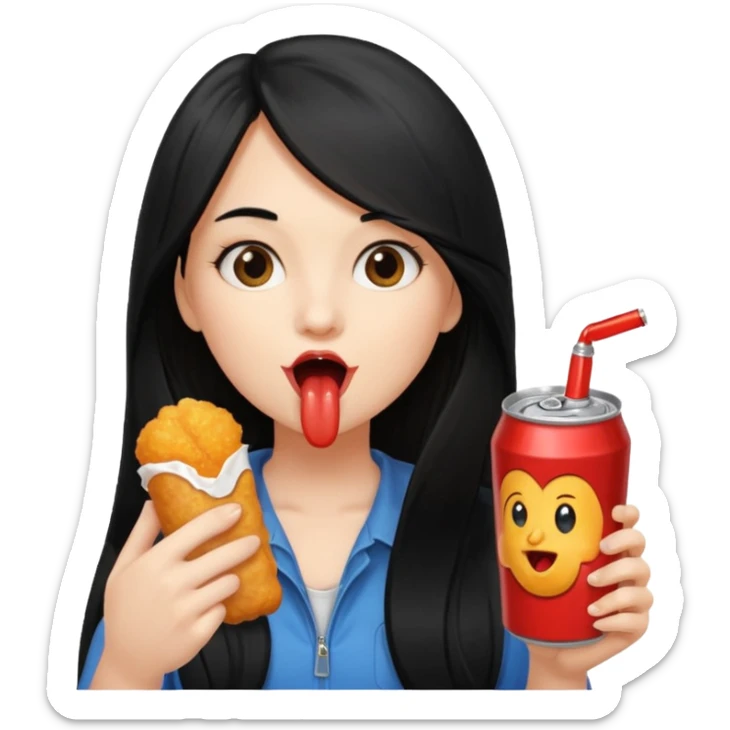 girl with long black hair eating with mouth on the chicken nugget and holding a soda can sticker