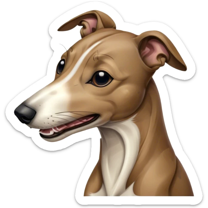 Cinematic Cute Yawning Brindle Greyhound Portrait Emoji, Head tilted slightly with a dramatic, wide-open yawn, showcasing a smooth brindle Fur with a refined pattern, floppy ears slightly drooping, round eyes barely open in drowsy contentment, Simplified yet irresistibly adorable features, highly detailed, glowing with a soft, cozy glow, high shine, relaxed yet expressive, stylized with a touch of whimsy, bright and endearing, soft glowing outline, capturing the essence of a sleepy yet affectionate racer, so drowsy it feels like it could stretch out of the screen and curl up for a nap! sticker