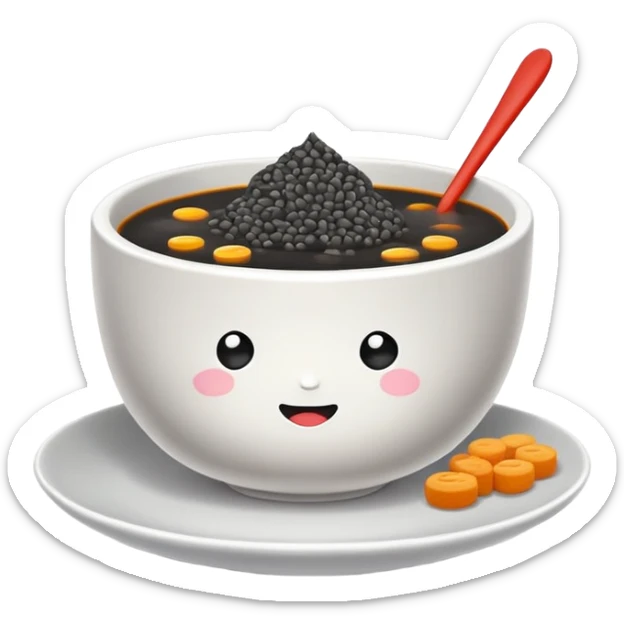 Black sesame soup sweet dessert in bowl, simplified emoji style with bold outlines and bright colors, cartoon style Zhi Ma Hu traditional Chinese treat sticker