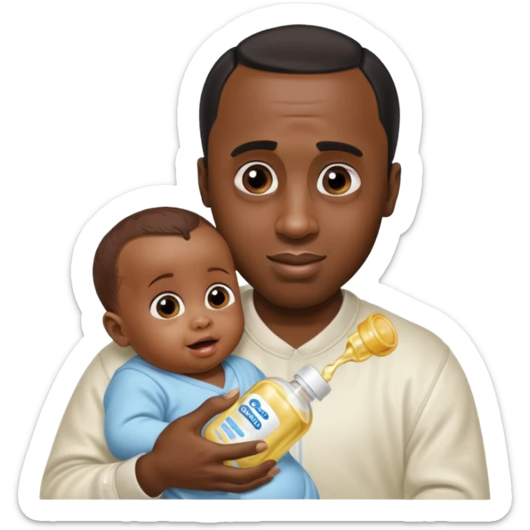 Sean “Diddy” Combs with baby oil and a very small infant and he’s pouring the baby oil on the baby and they have a scared face they’re really scared while diddy is happy sticker