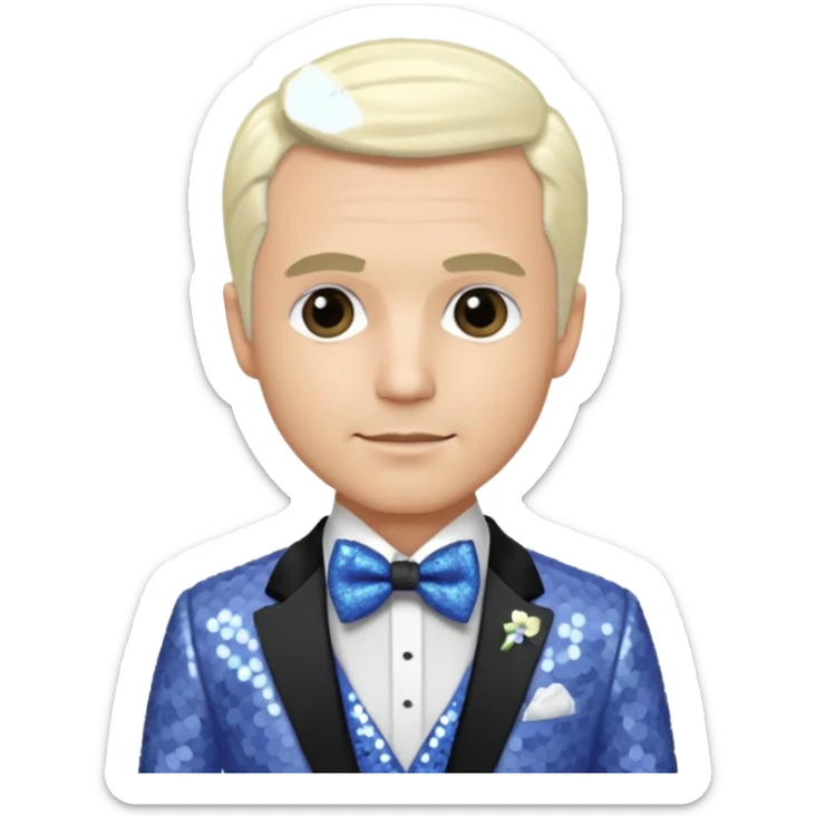 Freddie Prinze Jr with platinum blonde hair, periwinkle sequin suit with bow tie sticker