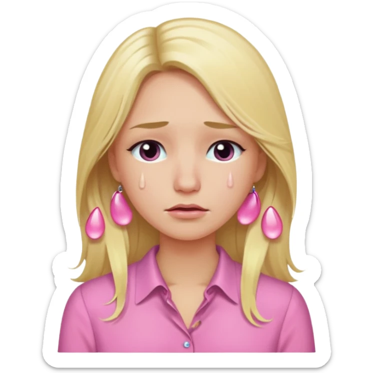 Me with long blond hair in a pink blouse with tears in my eyes sticker