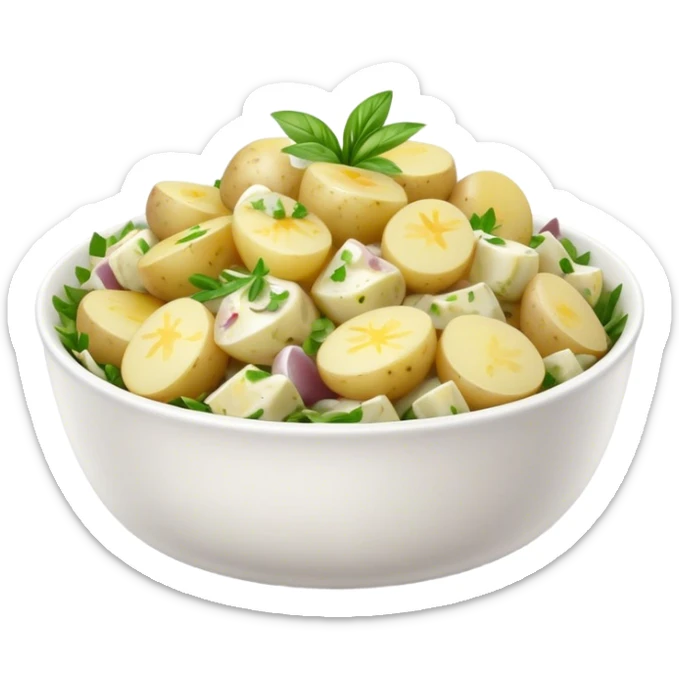 Cinematic Realistic Kartoffelsalat Dish Emoji, showcasing a traditional potato salad with fresh herbs and tangy dressing rendered with lifelike detail and vibrant, natural lighting. sticker