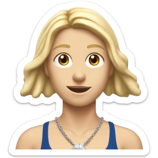 A girl with long blonde hair with wide shoulders wearing a Great Britain rowing swimming suit and has small muscles and add a necklace that has a sea shell pendant on it. She must have a  necklace around the neck and the pendant is on her chest sticker