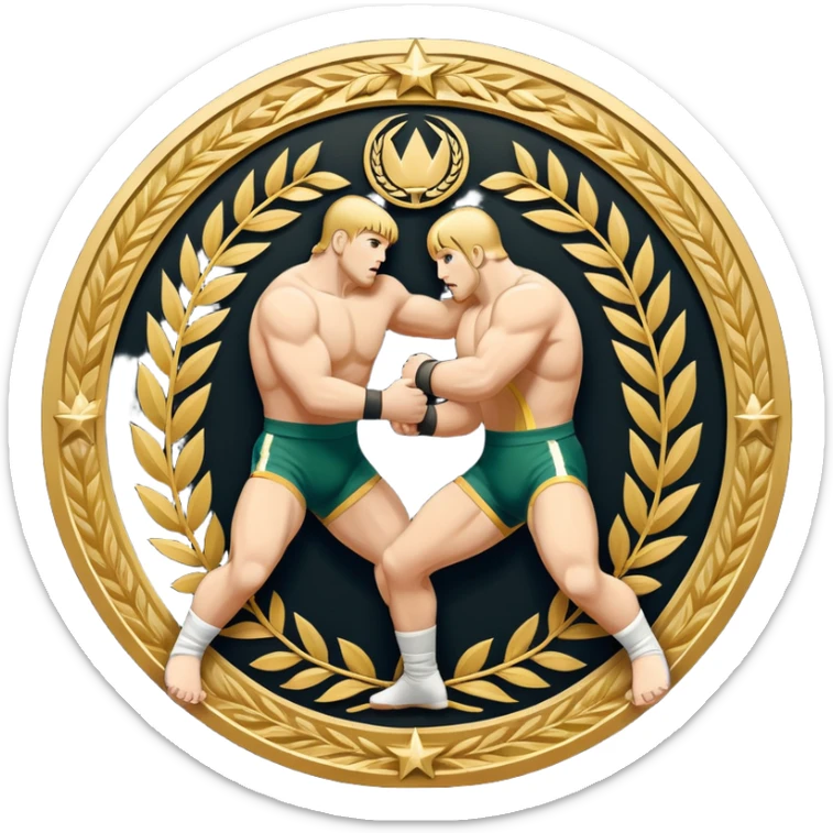 An icon symbolizing wrestling combat sports in the style of an emblem. The design features two wrestlers locked in a powerful grapple, one attempting to take the other down. Surrounding the scene are stylized elements like a championship belt, wrestling mat, and a laurel wreath.  sticker