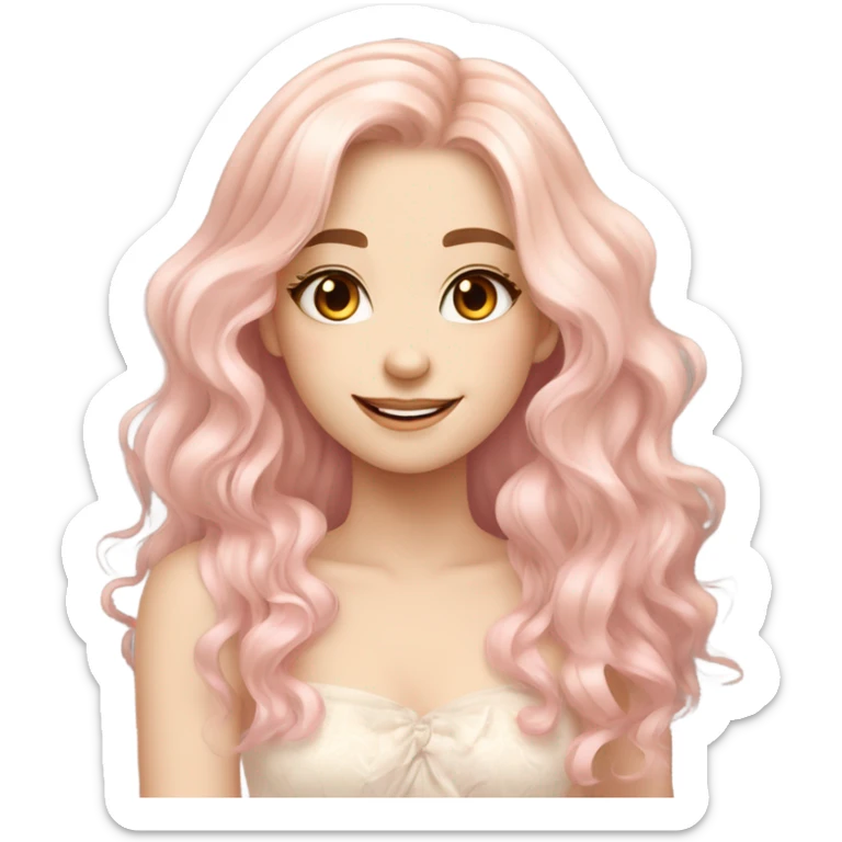 Pretty girl with long wavy light peachy pastel pink hair, pale skin, brown doe eyes, light makeup, smiling gently, beautiful, dress, gentle  sticker