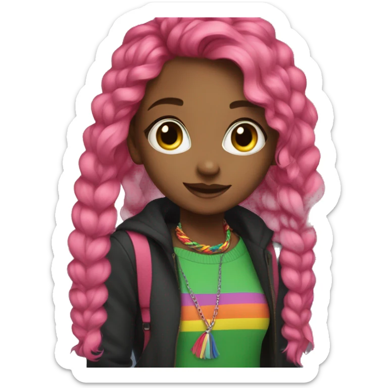 girl with bright pink and black in her hair with a green sweater and a red tie with shorts and a lot of rainbow bracelets  sticker