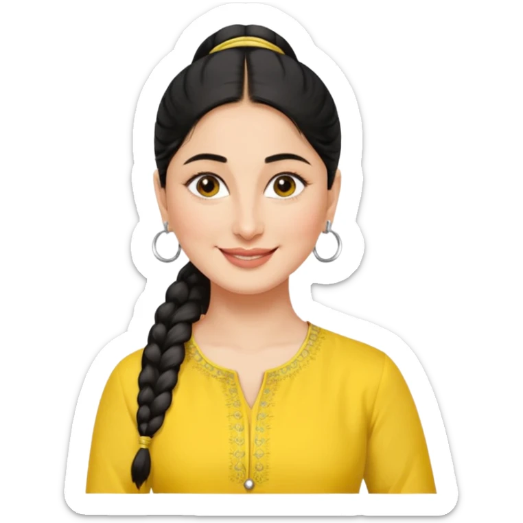generate a pretty bratz emoji that looks like Kareena Kapoor's Geet character. 
Make her wear a yellow kurti, silver hoops, black hair in a ponytail. smiling big sticker