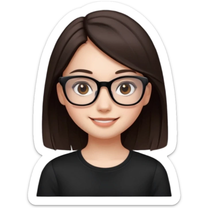 une ado, brune aux cheuveux tres fonces tres longs lisses blanche, ,lunettes carres/ rectanglesnoires, yeux bruns joues rose, haut noir sticker