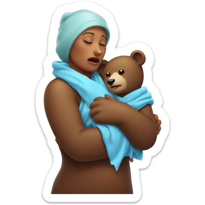 mama bear cradles her sick bear cub. she is holding her cub in her arms as he winces with an ice pack on his head sticker