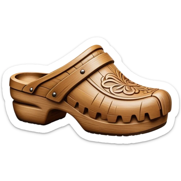 Cinematic Realistic Wooden Clogs Emoji, depicted as a pair of traditionally carved weathered wooden clogs with intricate details and rustic charm, rendered with rich textures and warm natural lighting that captures their cultural heritage. sticker
