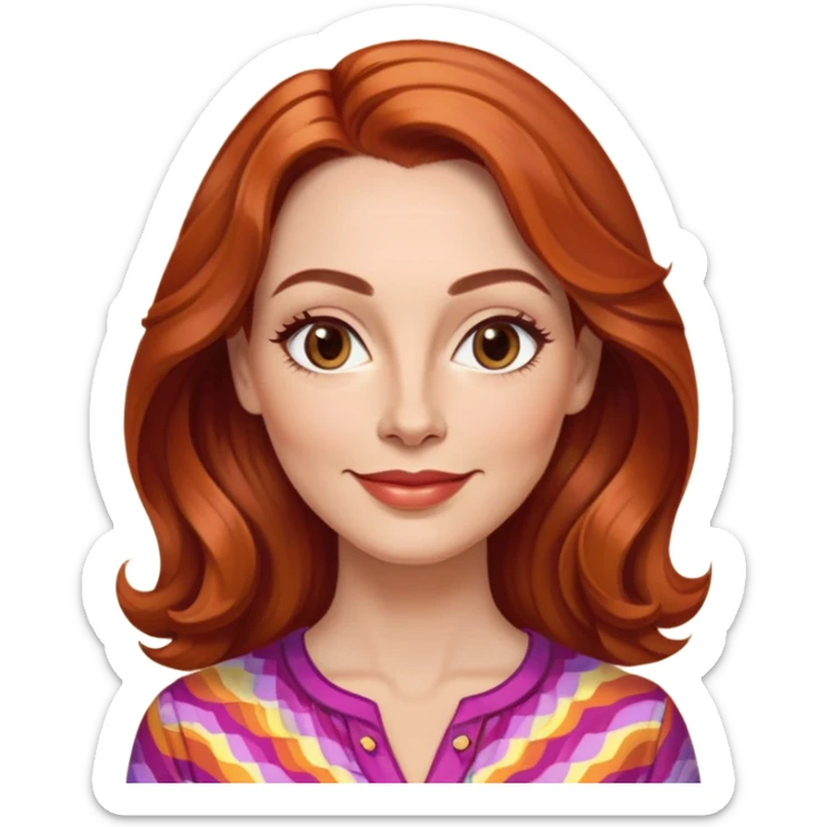 Woman in her 40s with elongated face, soft features, prominent cheekbones, friendly warm smile, medium almond-shaped brown eyes, defined eyebrows, straight nose, medium lips, vibrant red wavy hair, wearing a colorful blouse sticker