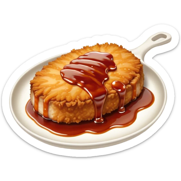 Tonkatsu Cinematic Realistic Tonkatsu Dish Emoji, depicted as a golden, crispy pork cutlet drizzled with tangy BBQ sauce, rendered with detailed textures and dynamic, appetizing lighting. sticker