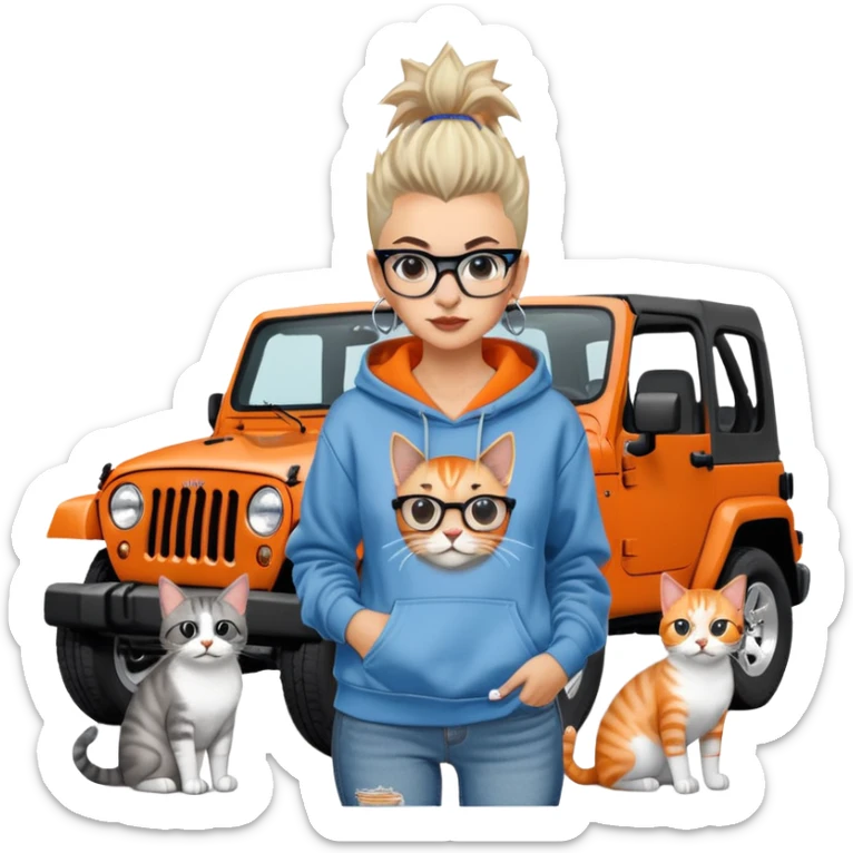 A woman with a Mohawk hair, retro cat glasses, wearing a pullover hoodie and jeans, with 4 cats: a black and white one, orange, orange and white and a gray tabby, next to a 4 door Blue Jeep Wrangler sticker