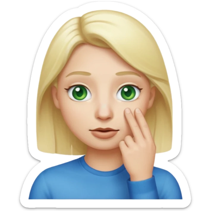 a emoji with two fingers in his nose, make him have a natural white skincolour and blonde hair, blue/green eyes, put the fingers in his nose sticker