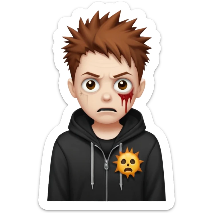 tired zombie with brown spiky hair, black hoodie, cartoon emoji style sticker