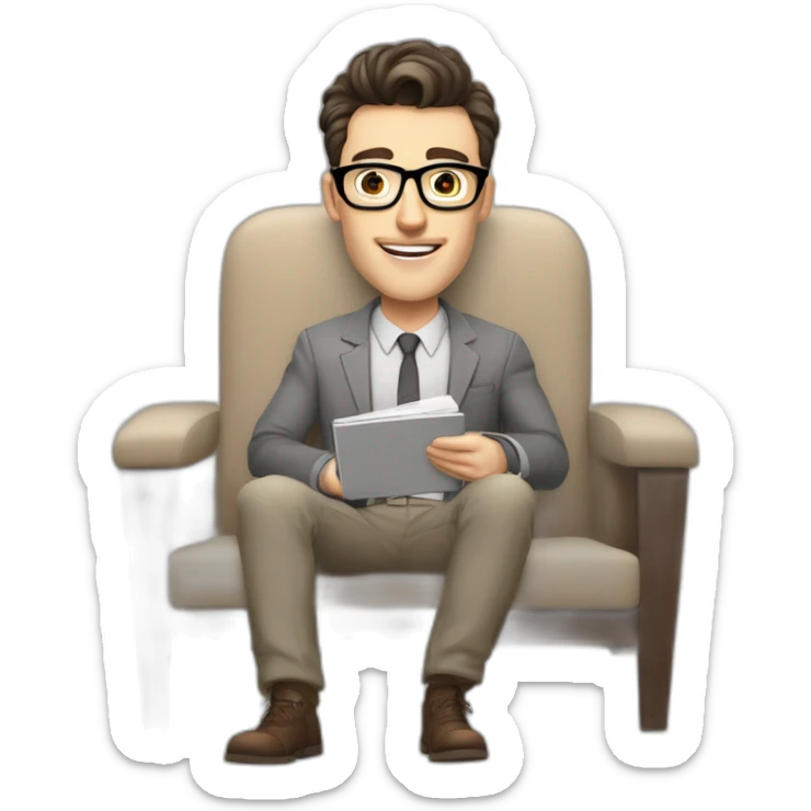 Pale skinned Fit Man With dark brown hair in gray jacket, beige office shirt, Brown pants and vintage glasses sitting In a soft chair with a notebook and a pen Fooling showing his tongue sticker