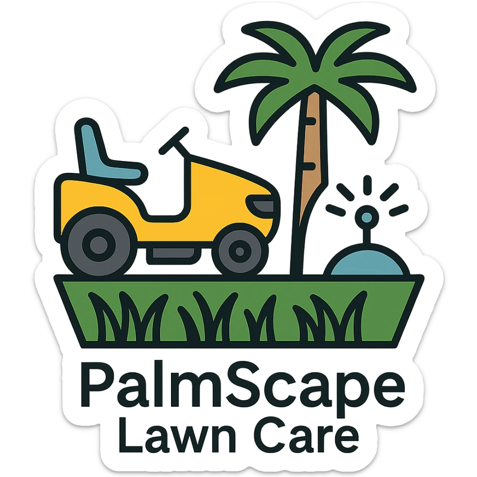 Add the company name text 'PalmScape Lawn Care' in a clean, professional font below the logo. sticker