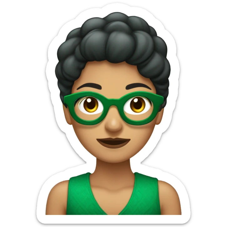 Mujer morena con ojos verdes, pecas, lentes cuadrados y cabello lacio corto. Cobrizo  sticker