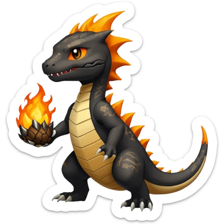 Magmatic fiery badass cool obsidian-Black and golden-orange Helioptile-Marowak-Charmander-Fakémon-hybrid-creature (full body)  sticker