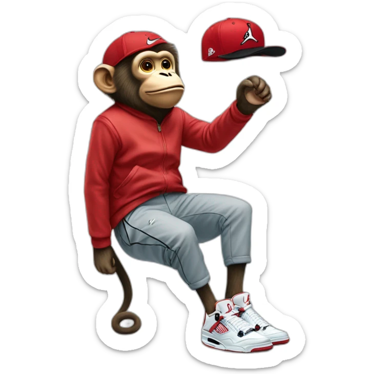 Monkey wearing Jordan 4 on its  feet  with a bunch of Nike clothes  with a Nike hat sticker